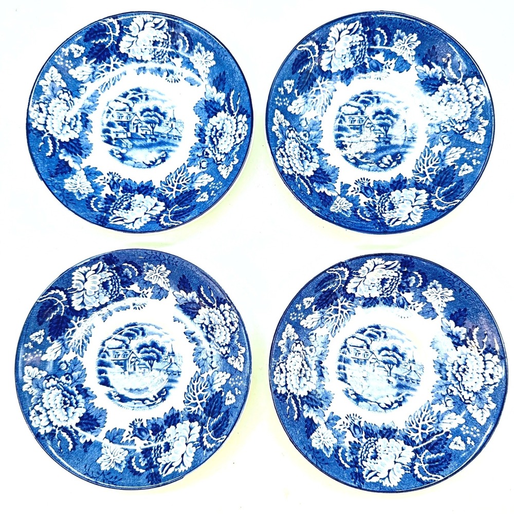 Vintage Wood & Sons English Scenery Blue White Saucers Set of 4 Transferware